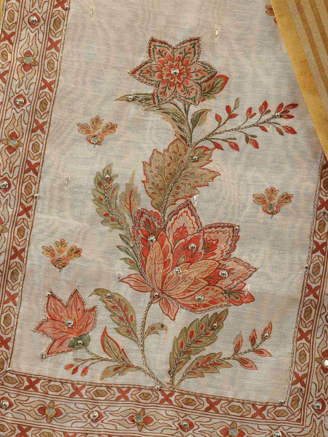 Printed Cotton Blend Unstitched Suit &amp; Pant With Cotton Dupatta