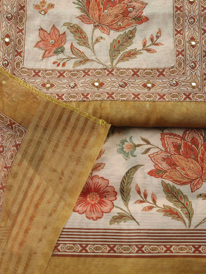 Printed Cotton Blend Unstitched Suit &amp; Pant With Cotton Dupatta