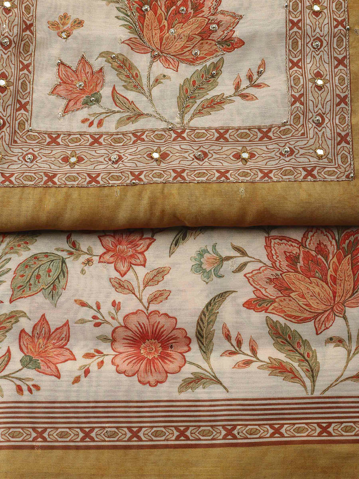 Printed Cotton Blend Unstitched Suit &amp; Pant With Cotton Dupatta