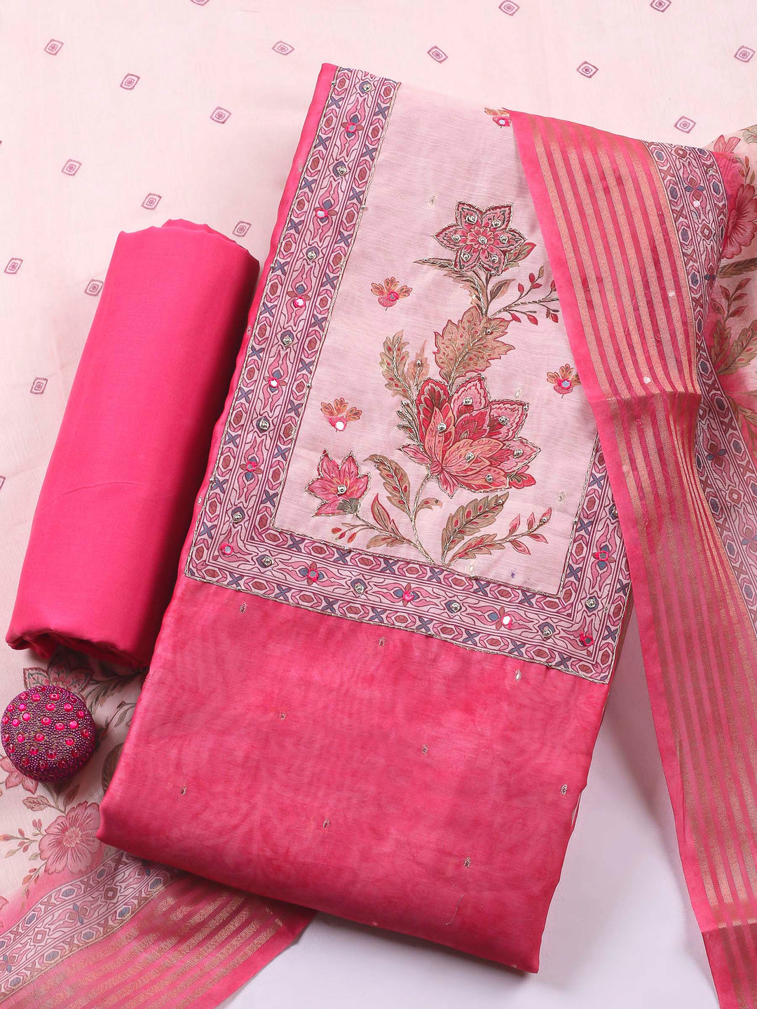 Printed Cotton Blend Unstitched Suit &amp; Pant With Cotton Dupatta