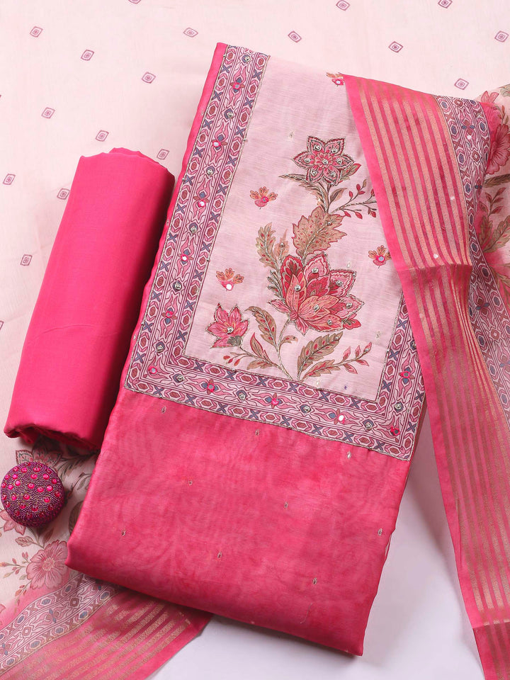 Printed Cotton Blend Unstitched Suit &amp; Pant With Cotton Dupatta