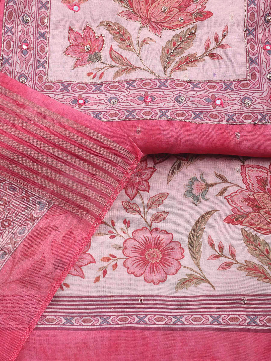 Printed Cotton Blend Unstitched Suit &amp; Pant With Cotton Dupatta