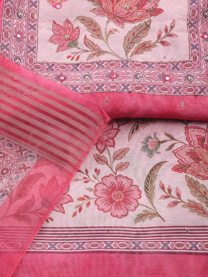 Printed Cotton Blend Unstitched Suit &amp; Pant With Cotton Dupatta