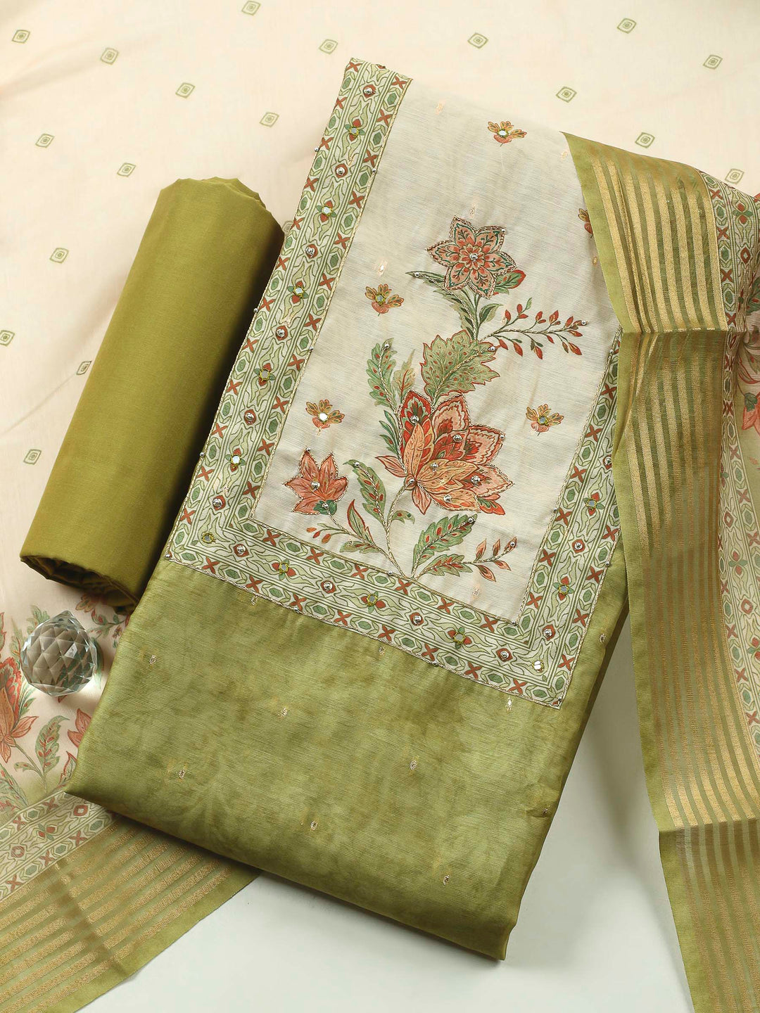 Printed Cotton Blend Unstitched Suit &amp; Pant With Cotton Dupatta
