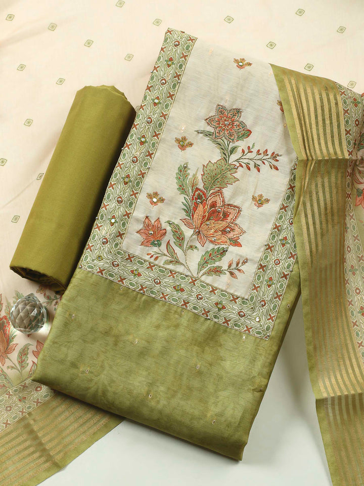 Printed Cotton Blend Unstitched Suit &amp; Pant With Cotton Dupatta