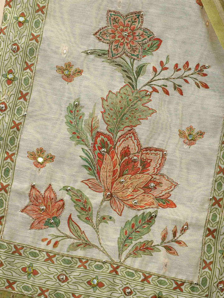 Printed Cotton Blend Unstitched Suit &amp; Pant With Cotton Dupatta