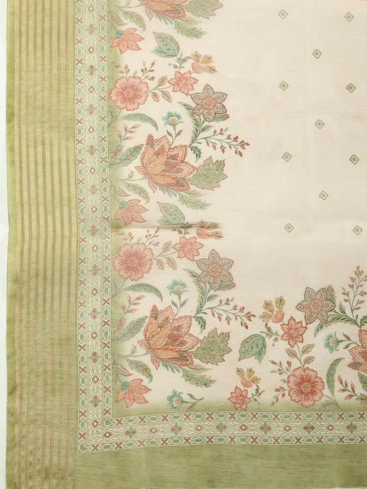 Printed Cotton Blend Unstitched Suit &amp; Pant With Cotton Dupatta