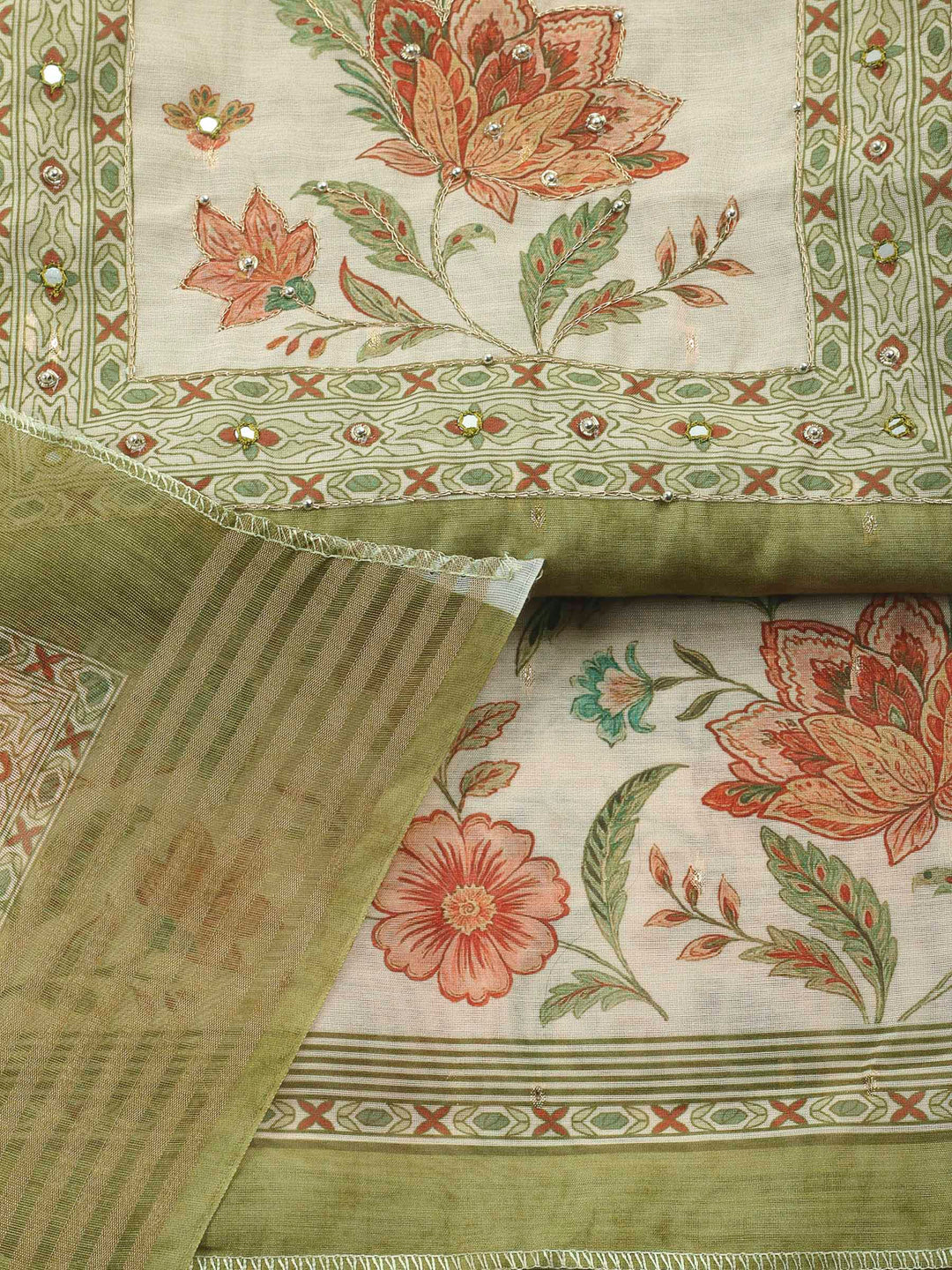 Printed Cotton Blend Unstitched Suit &amp; Pant With Cotton Dupatta