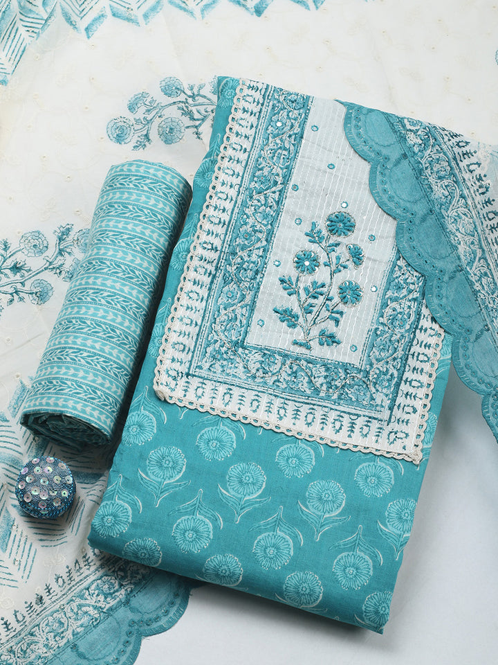 Printed Cotton Blend Unstitched Suit &amp; Pant With Cotton Dupatta