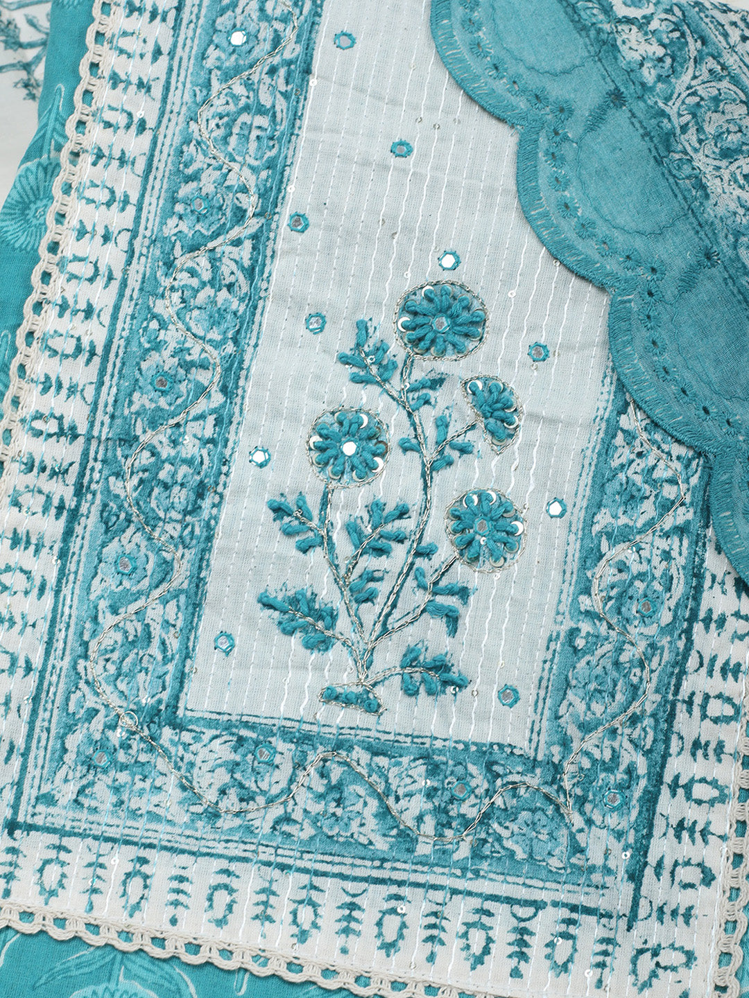 Printed Cotton Blend Unstitched Suit &amp; Pant With Cotton Dupatta