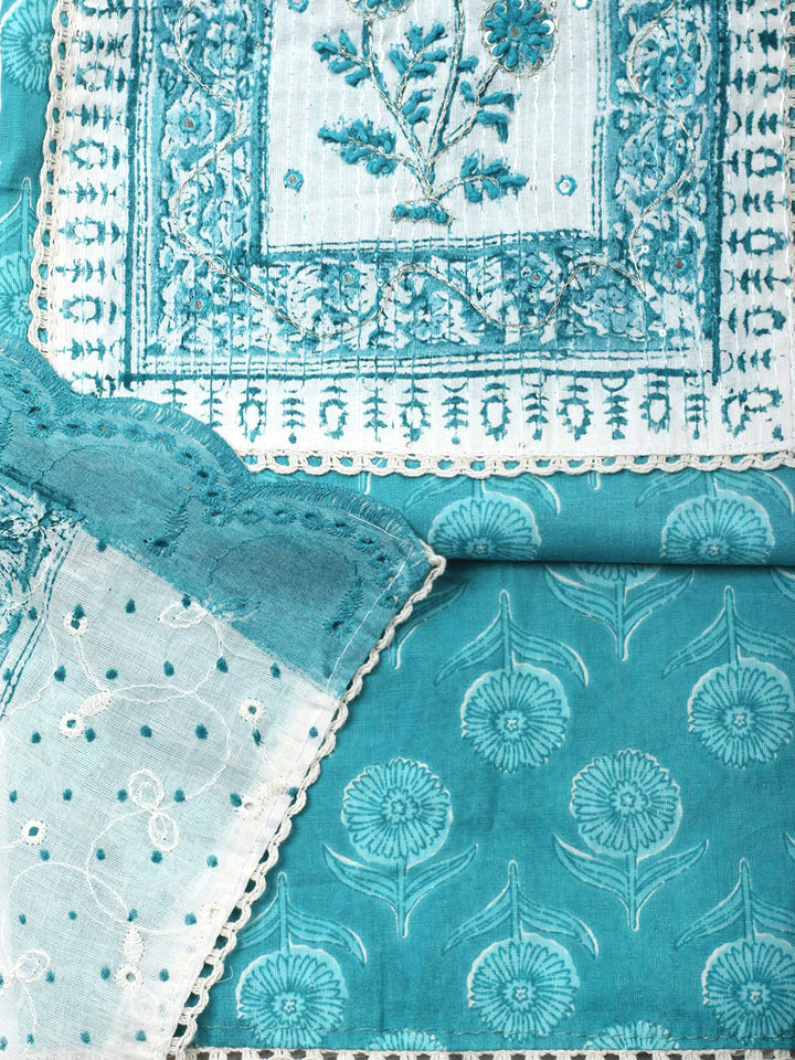Printed Cotton Blend Unstitched Suit &amp; Pant With Cotton Dupatta