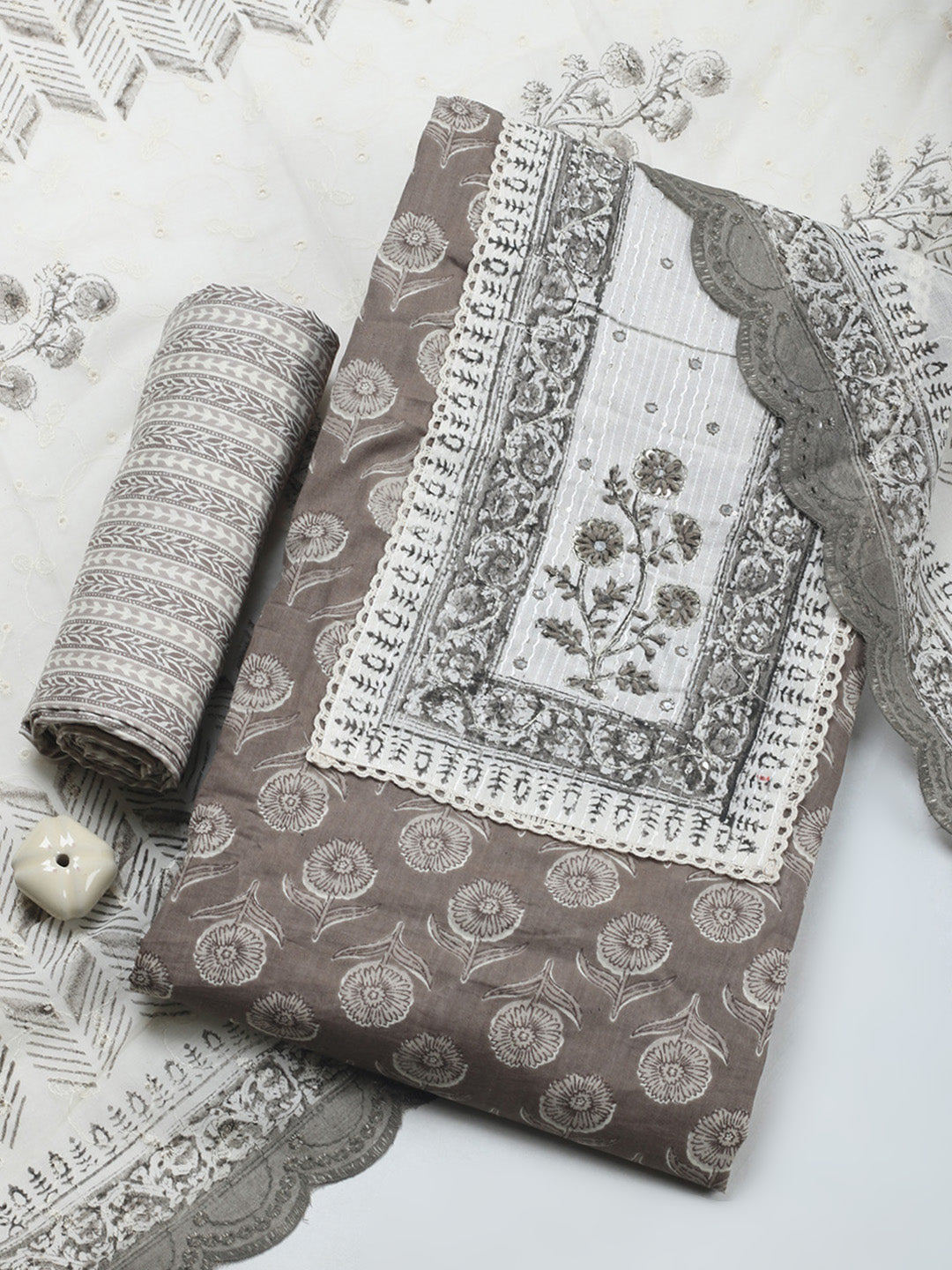 Printed Cotton Blend Unstitched Suit &amp; Pant With Cotton Dupatta