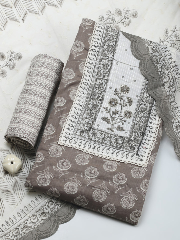 Printed Cotton Blend Unstitched Suit &amp; Pant With Cotton Dupatta