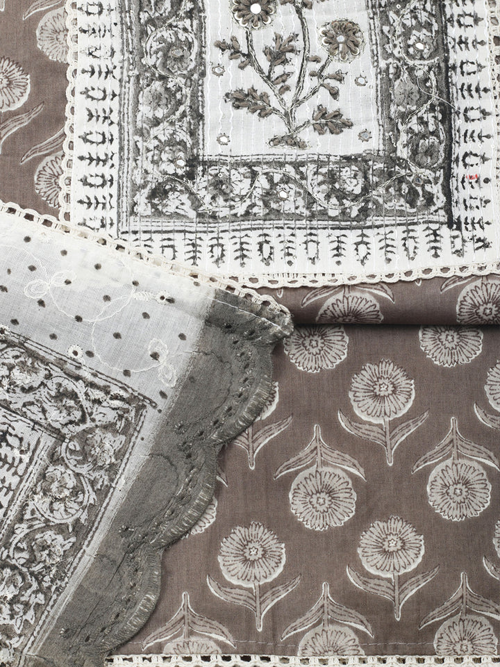 Printed Cotton Blend Unstitched Suit &amp; Pant With Cotton Dupatta