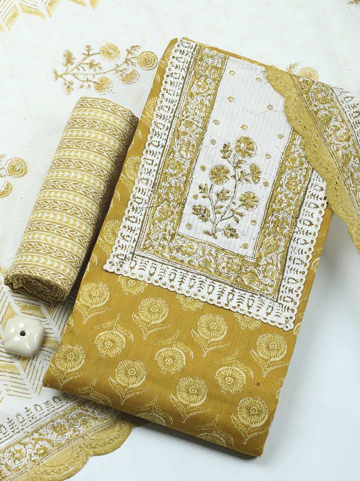 Printed Cotton Blend Unstitched Suit &amp; Pant With Cotton Dupatta
