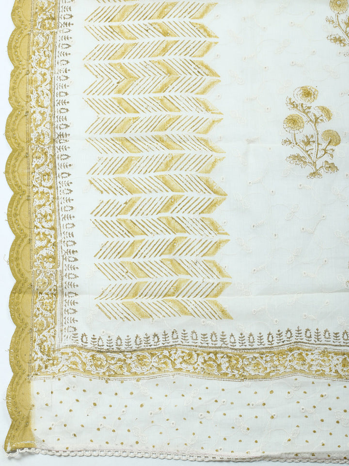 Printed Cotton Blend Unstitched Suit &amp; Pant With Cotton Dupatta