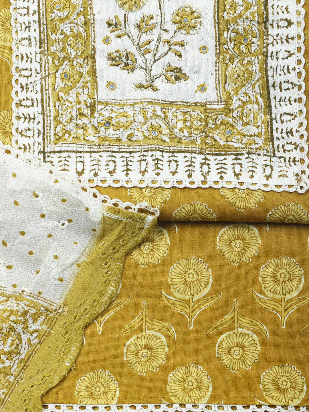 Printed Cotton Blend Unstitched Suit &amp; Pant With Cotton Dupatta