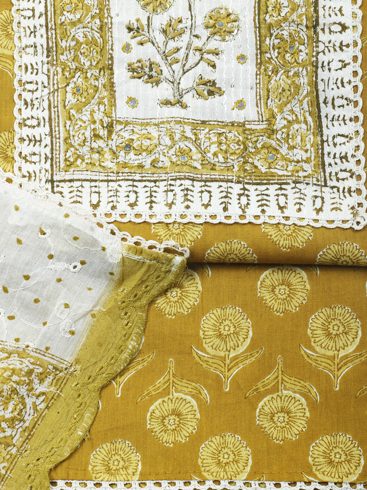 Printed Cotton Blend Unstitched Suit &amp; Pant With Cotton Dupatta