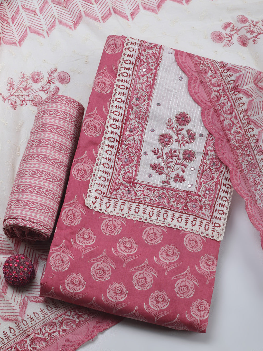 Printed Cotton Blend Unstitched Suit &amp; Pant With Cotton Dupatta