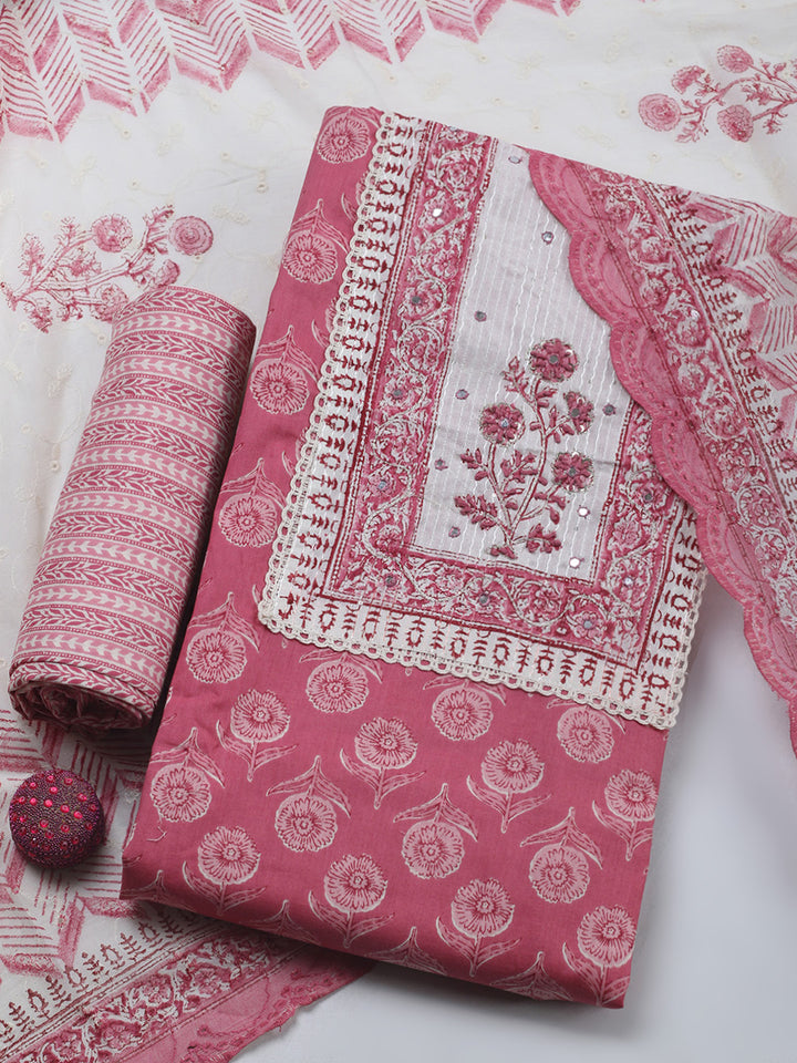 Printed Cotton Blend Unstitched Suit &amp; Pant With Cotton Dupatta