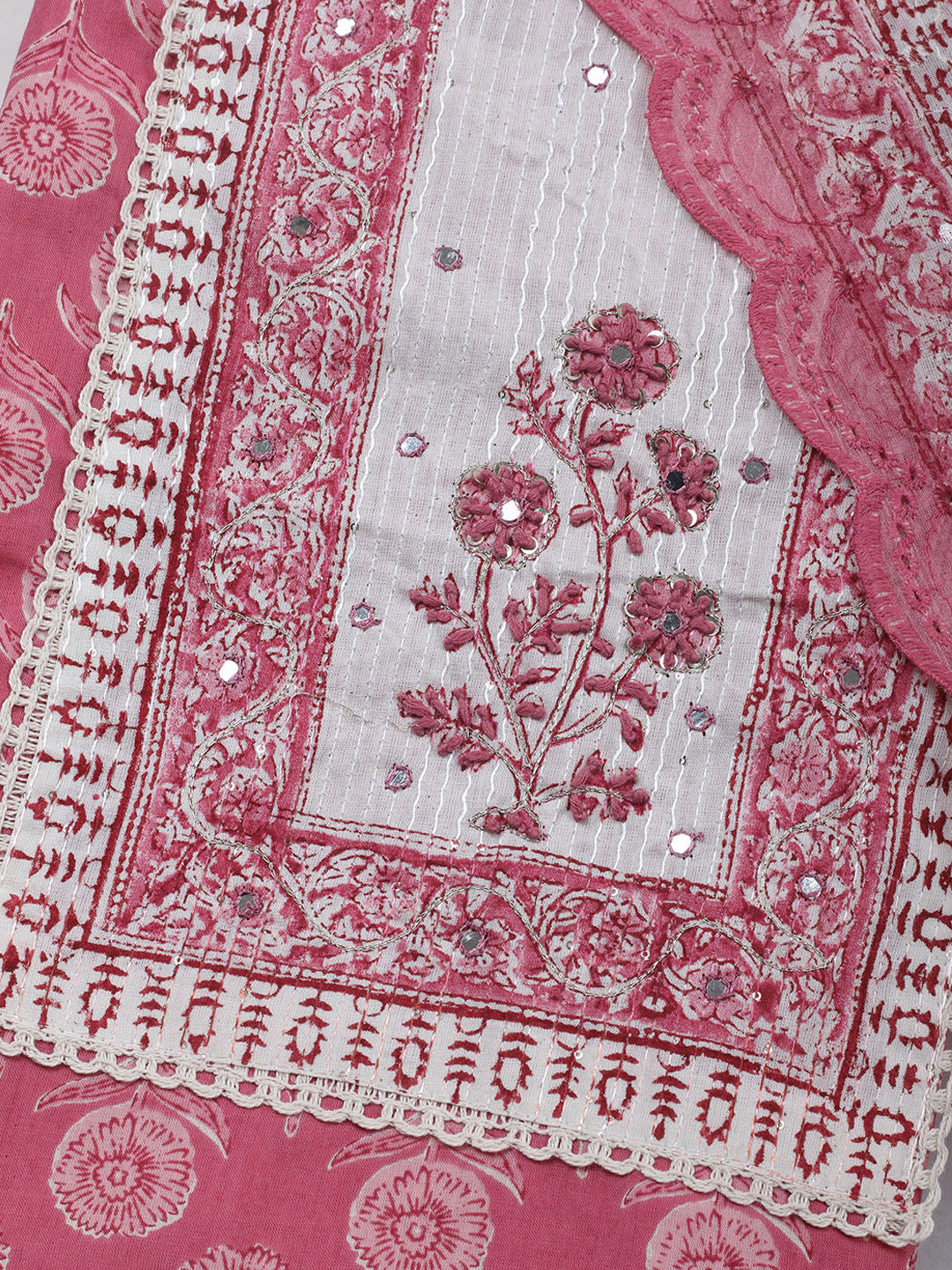 Printed Cotton Blend Unstitched Suit &amp; Pant With Cotton Dupatta