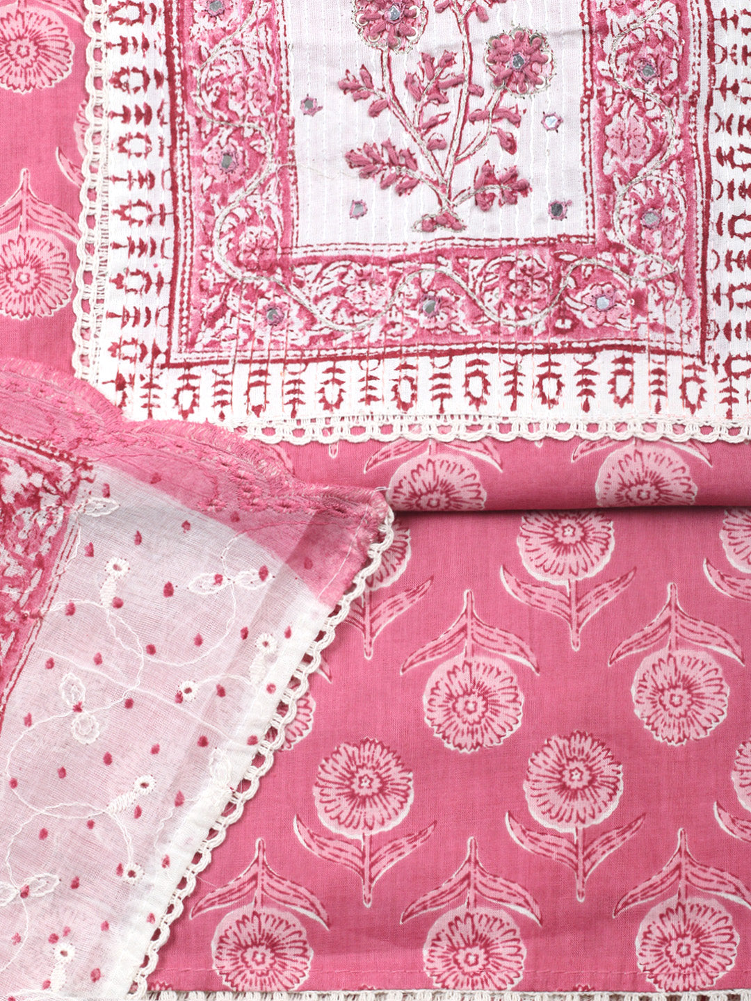 Printed Cotton Blend Unstitched Suit &amp; Pant With Cotton Dupatta