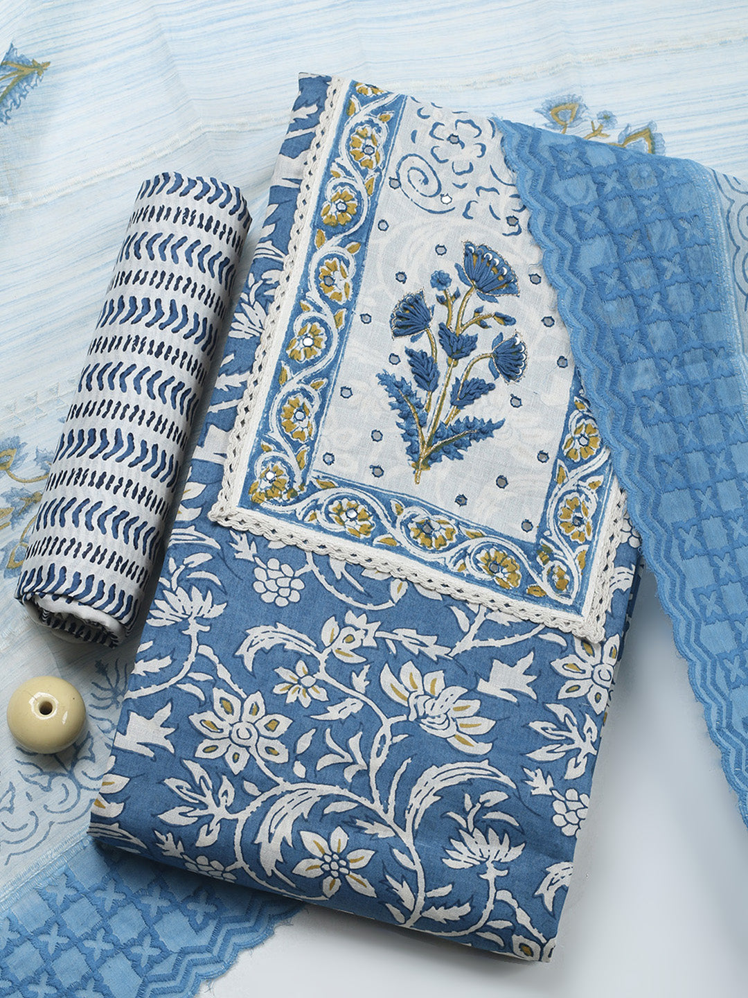 Printed Cotton Blend Unstitched Suit &amp; Pant With Cotton Dupatta