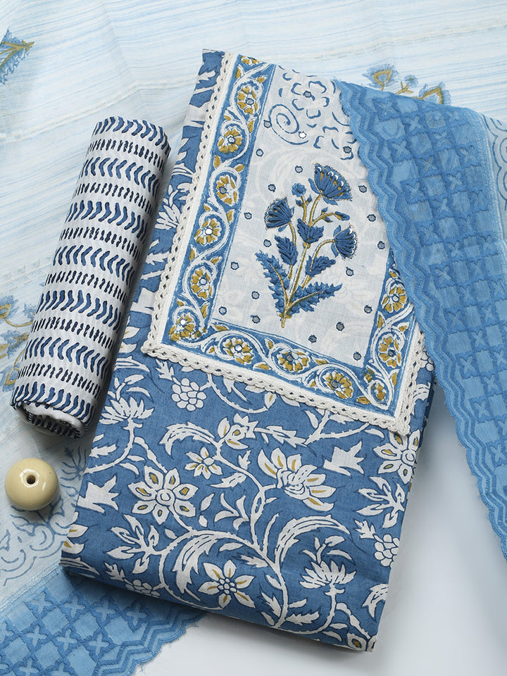 Printed Cotton Blend Unstitched Suit &amp; Pant With Cotton Dupatta