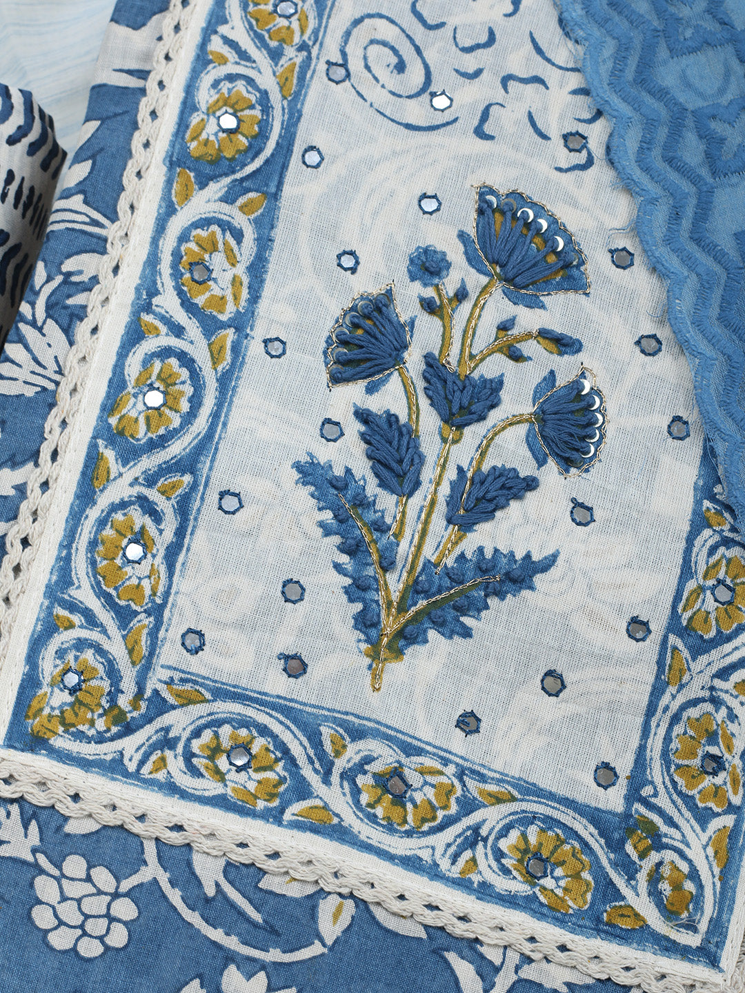 Printed Cotton Blend Unstitched Suit &amp; Pant With Cotton Dupatta