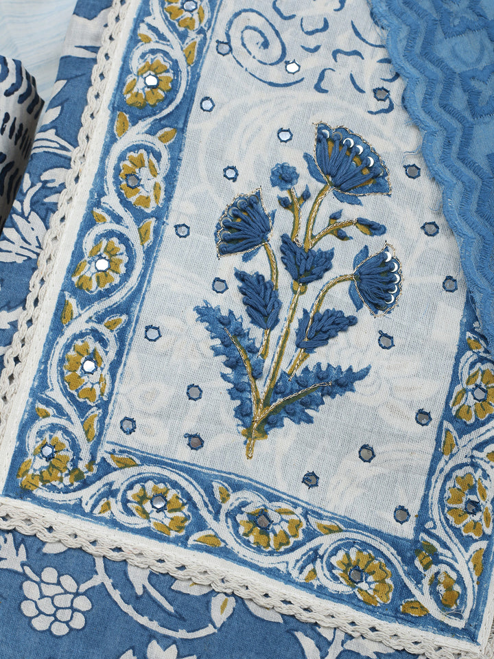 Printed Cotton Blend Unstitched Suit &amp; Pant With Cotton Dupatta