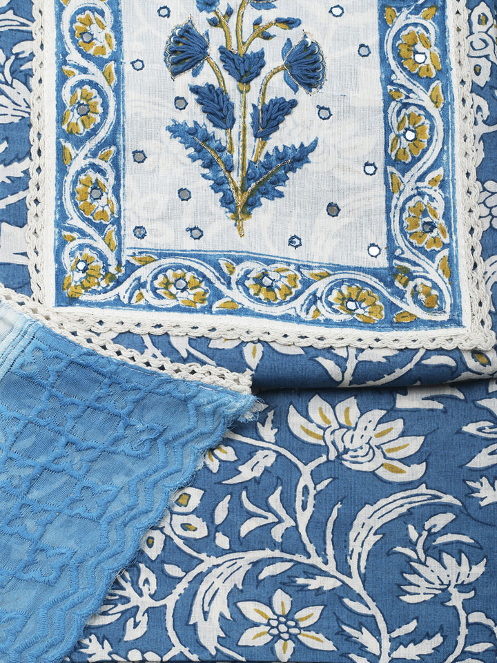 Printed Cotton Blend Unstitched Suit &amp; Pant With Cotton Dupatta