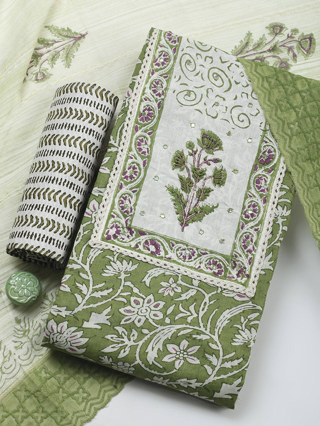 Printed Cotton Blend Unstitched Suit &amp; Pant With Cotton Dupatta