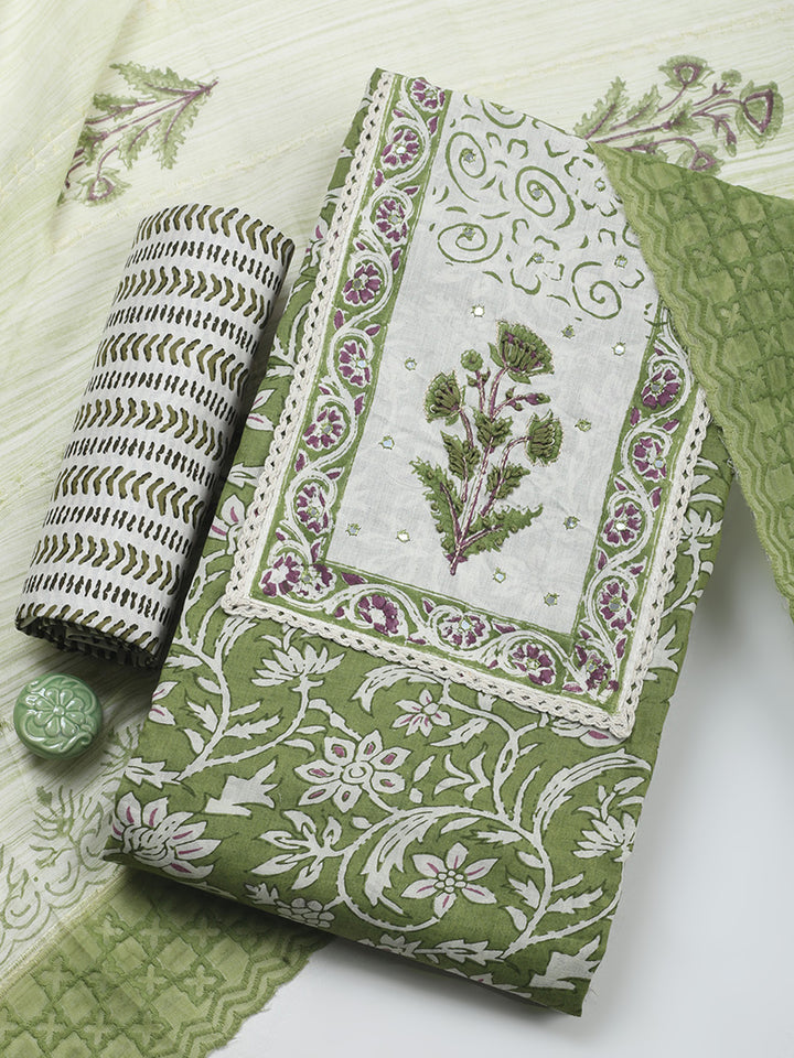Printed Cotton Blend Unstitched Suit &amp; Pant With Cotton Dupatta