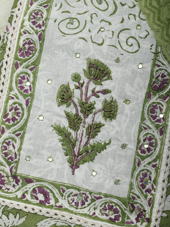 Printed Cotton Blend Unstitched Suit &amp; Pant With Cotton Dupatta