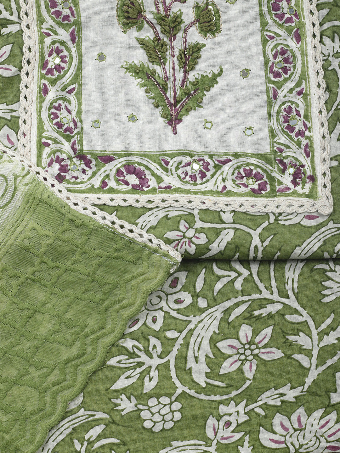 Printed Cotton Blend Unstitched Suit &amp; Pant With Cotton Dupatta