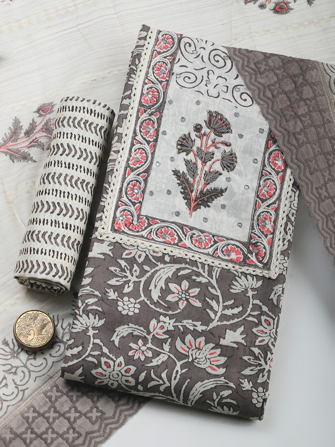 Printed Cotton Blend Unstitched Suit &amp; Pant With Cotton Dupatta