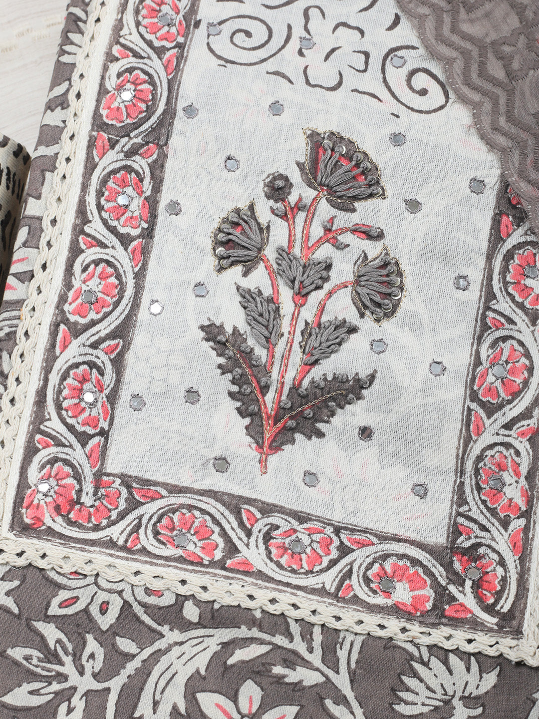 Printed Cotton Blend Unstitched Suit &amp; Pant With Cotton Dupatta