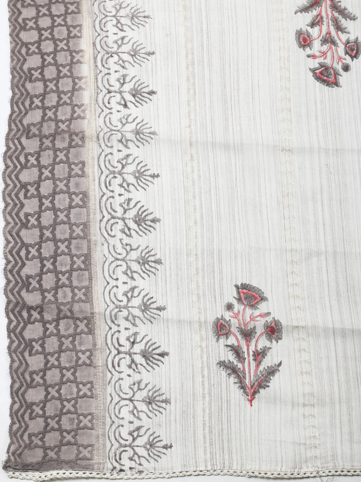 Printed Cotton Blend Unstitched Suit &amp; Pant With Cotton Dupatta