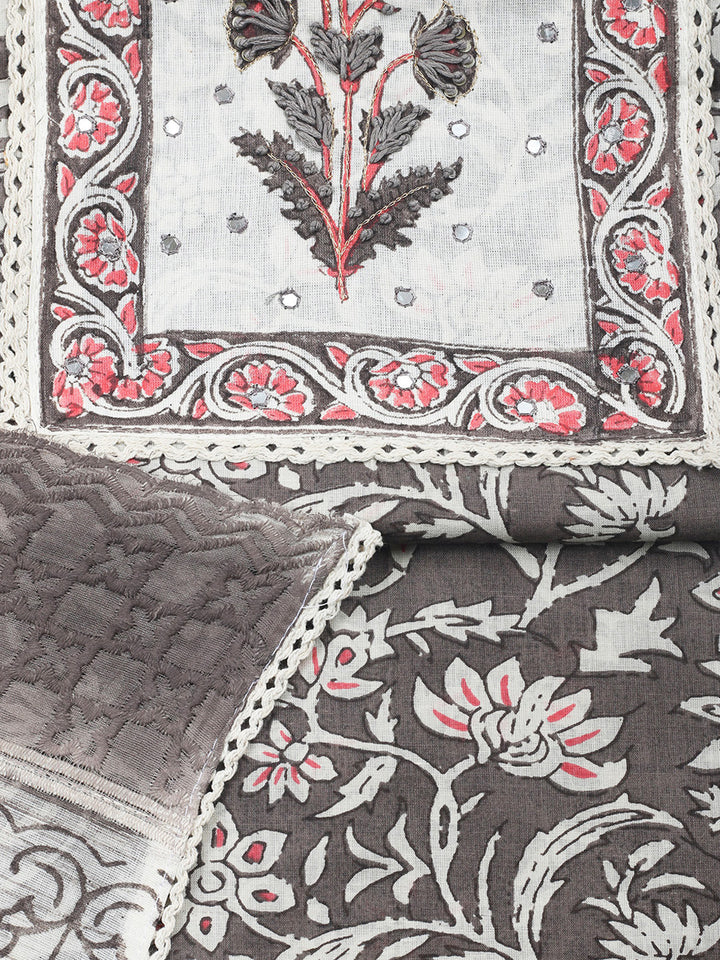 Printed Cotton Blend Unstitched Suit &amp; Pant With Cotton Dupatta
