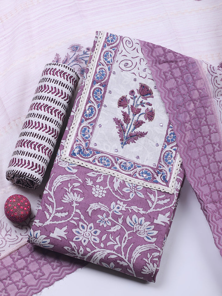 Printed Cotton Blend Unstitched Suit &amp; Pant With Cotton Dupatta