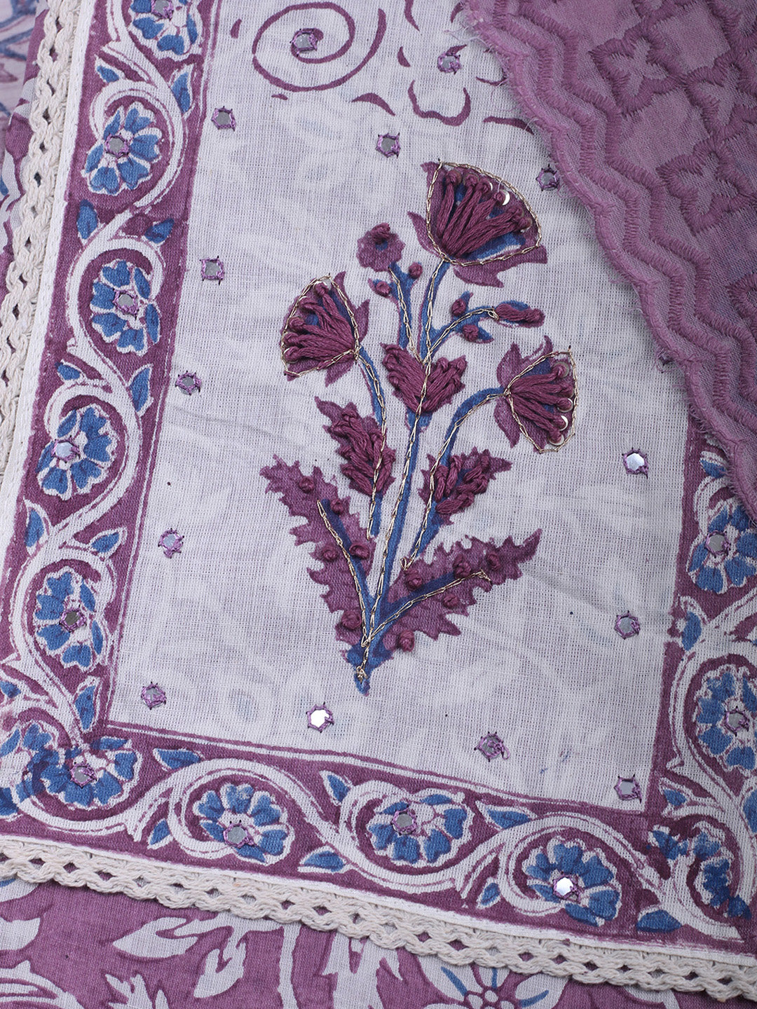 Printed Cotton Blend Unstitched Suit &amp; Pant With Cotton Dupatta