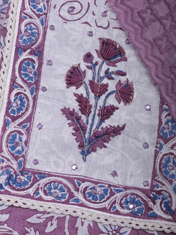 Printed Cotton Blend Unstitched Suit &amp; Pant With Cotton Dupatta