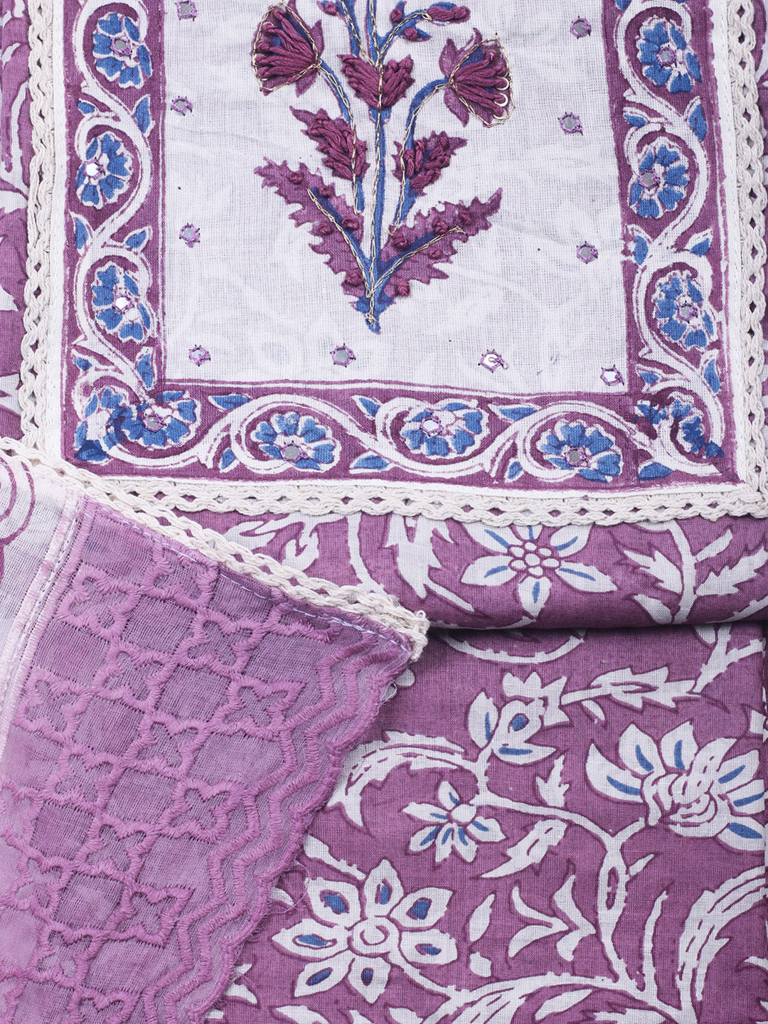 Printed Cotton Blend Unstitched Suit &amp; Pant With Cotton Dupatta