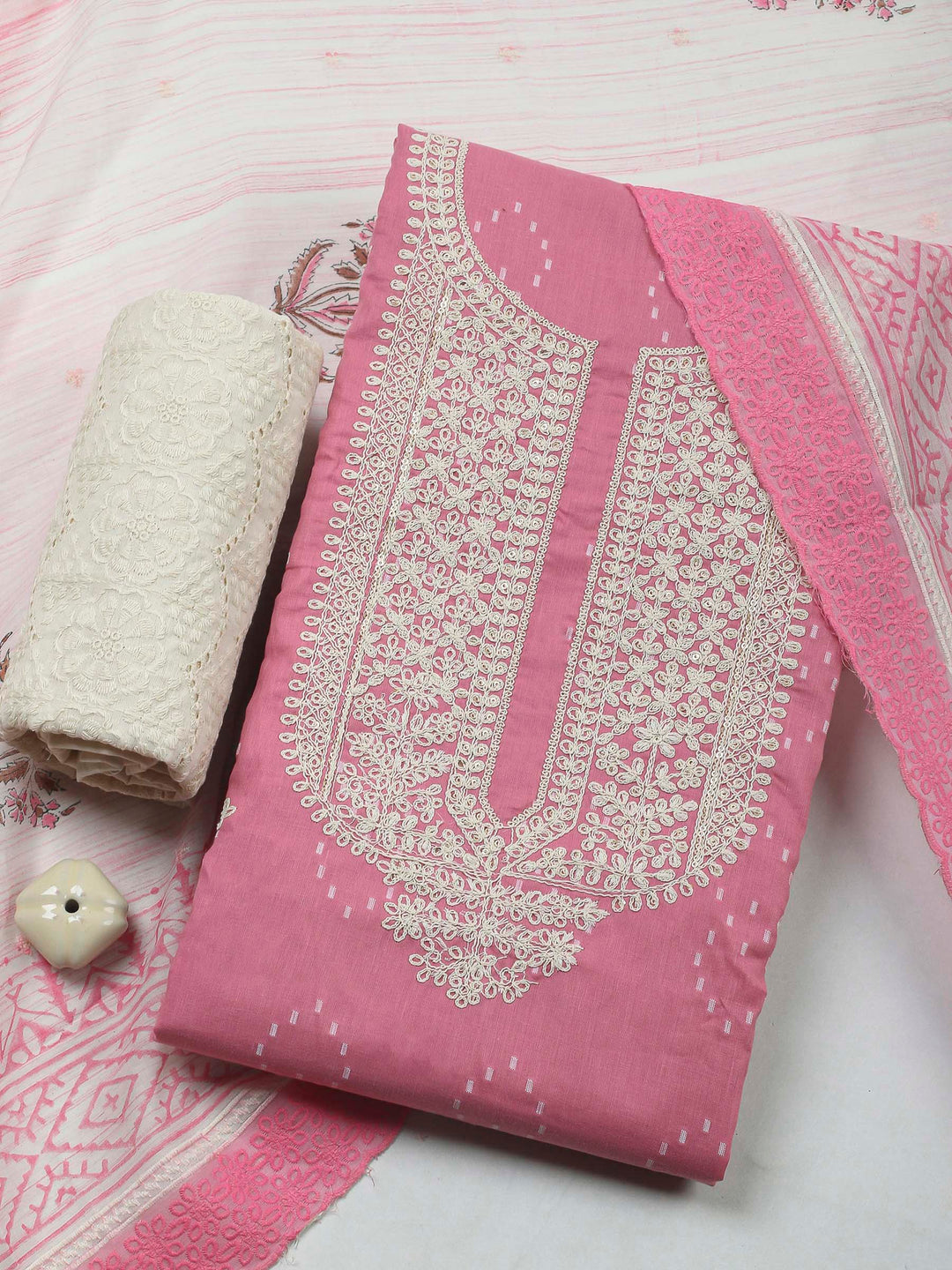 Pink Embroidery Cotton Blend Unstitched Dress Material