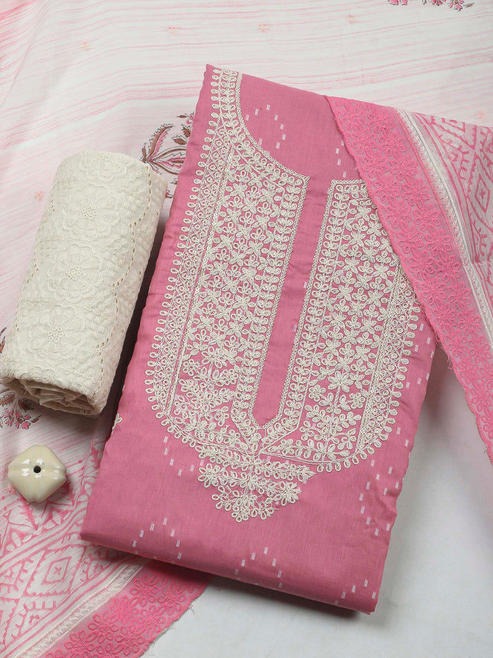 Pink Embroidery Cotton Blend Unstitched Dress Material
