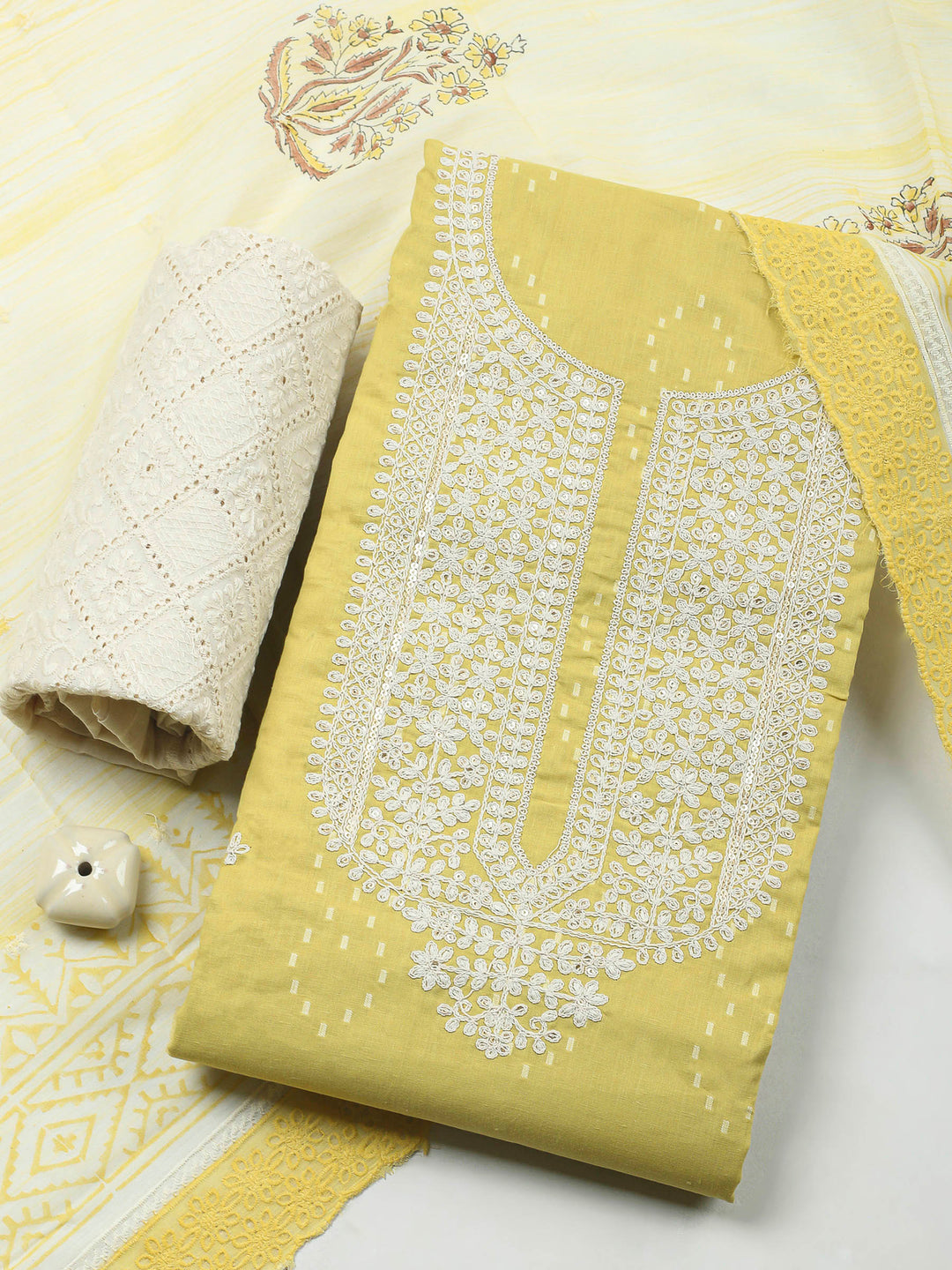 Yellow Embroidery Cotton Blend Unstitched Dress Material