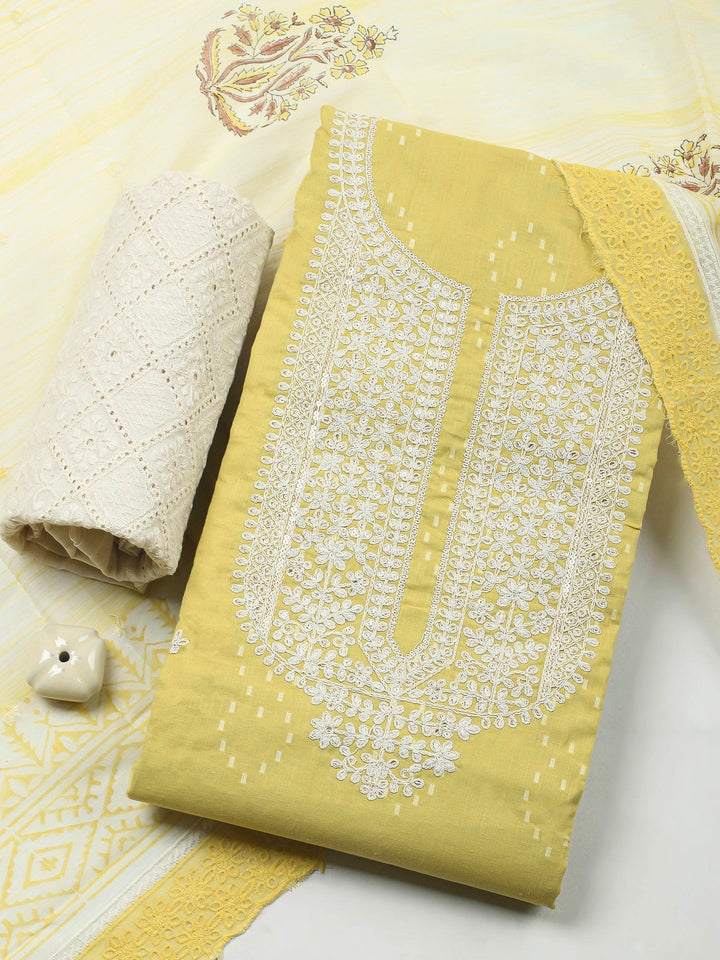 Yellow Embroidery Cotton Blend Unstitched Dress Material