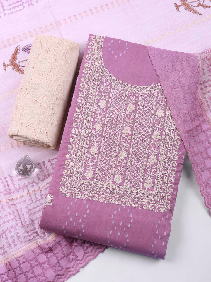 Mauve Embroidered Cotton Blend Unstitched Suit &amp; Pant With Cotton Dupatta