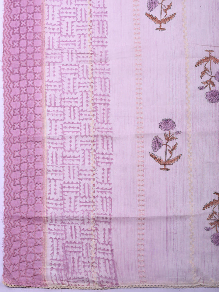 Mauve Embroidered Cotton Blend Unstitched Suit &amp; Pant With Cotton Dupatta