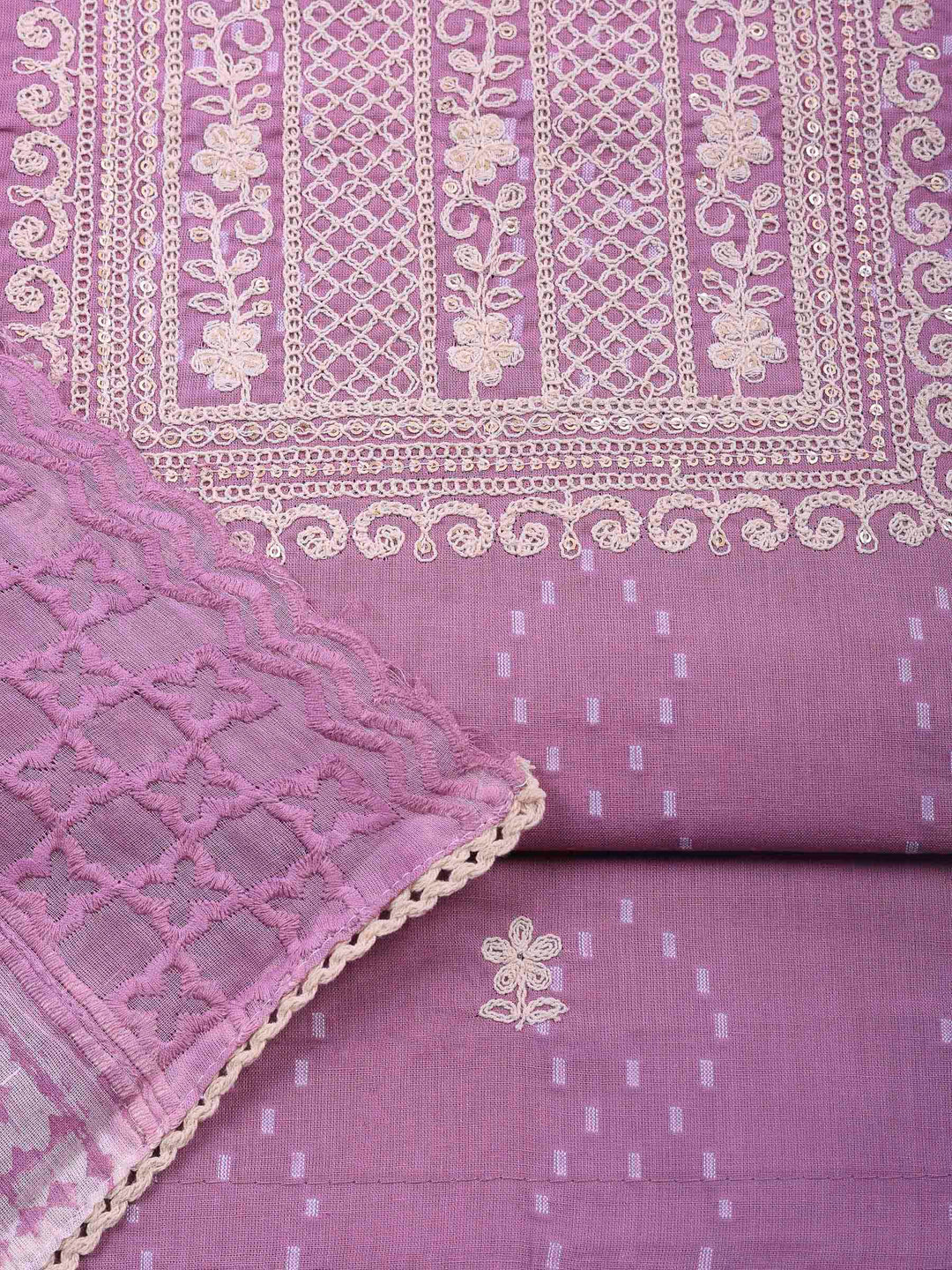 Mauve Embroidered Cotton Blend Unstitched Suit &amp; Pant With Cotton Dupatta